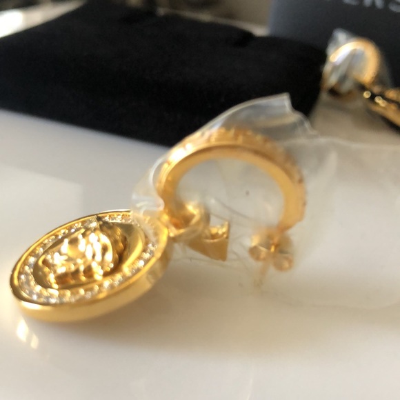 VERSACE Gold tone Greca Medusa Drop Earrings with Crystals - Picture 12 of 15